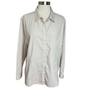 Chicos Top Womens XL 18 Beige Stripe Dot Button Up No Iron Coolmax All Season